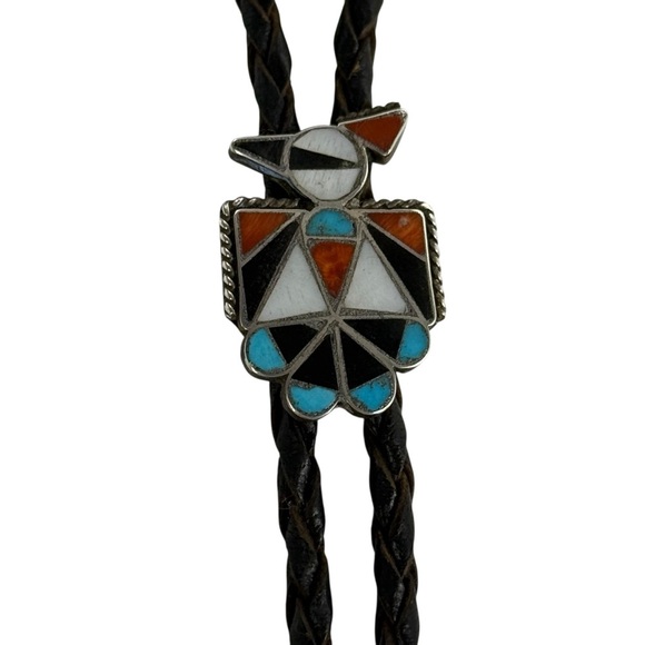 Bolo tie thunderbird Native American Turquoise,coral, mother of pearl,onyx - Picture 1 of 7
